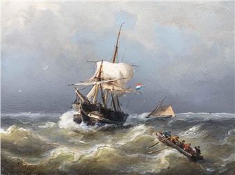 Depicting Dutch ship at sea with raft of sailors over rough waters - N. Rugir