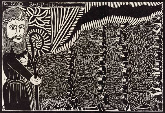 A Good Shepherd by John Ndevasia Muafangejo, dated 1974
