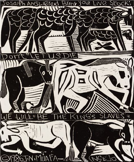 Joseph Answered Bring Your Livestock by John Ndevasia Muafangejo, dated 1986