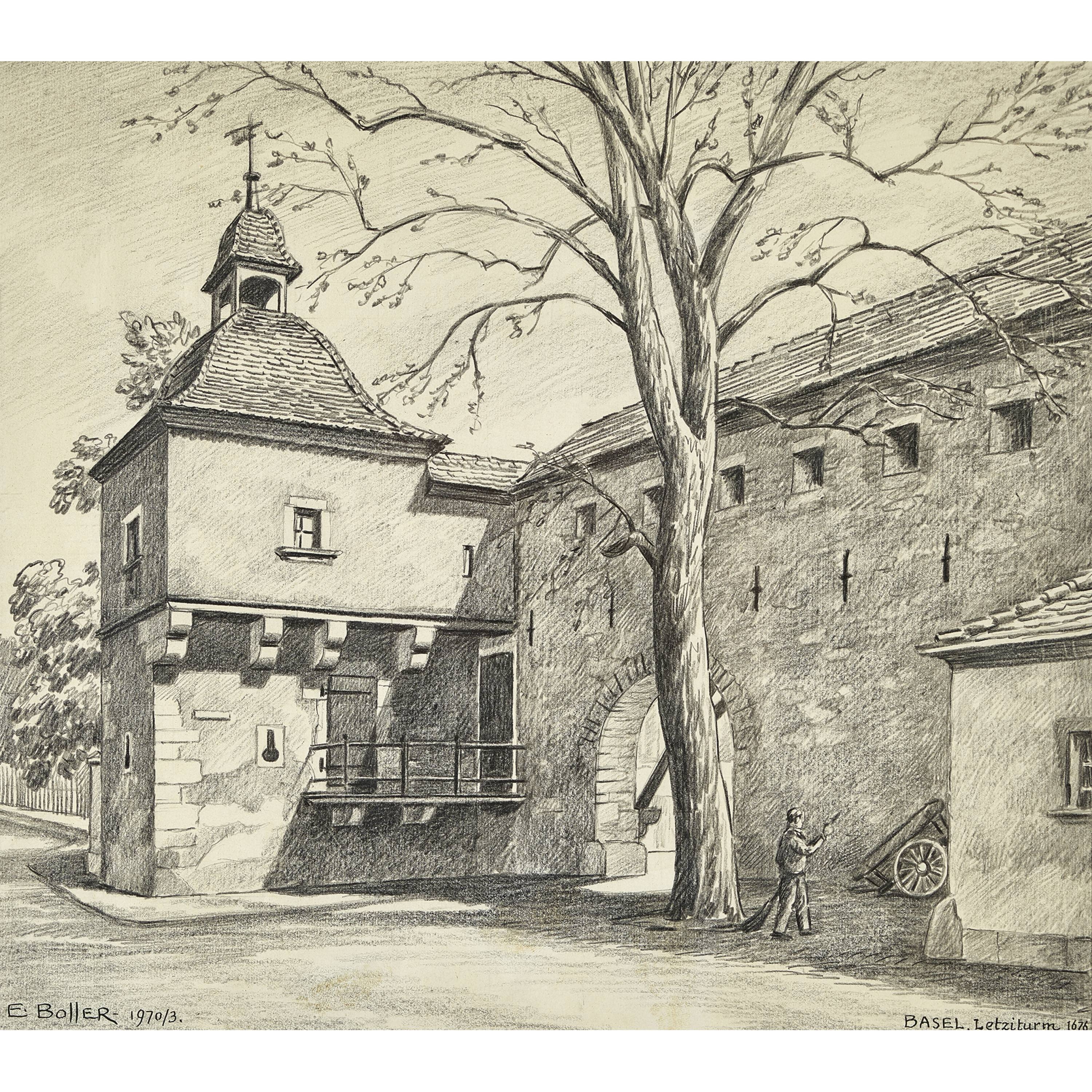 Artwork by Ermanno Boller, "Basel. Letziturm 1676", Made of Charcoal
