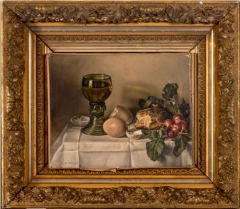 Still life of a glass, eggs, bread and radishes - L.G. Melis