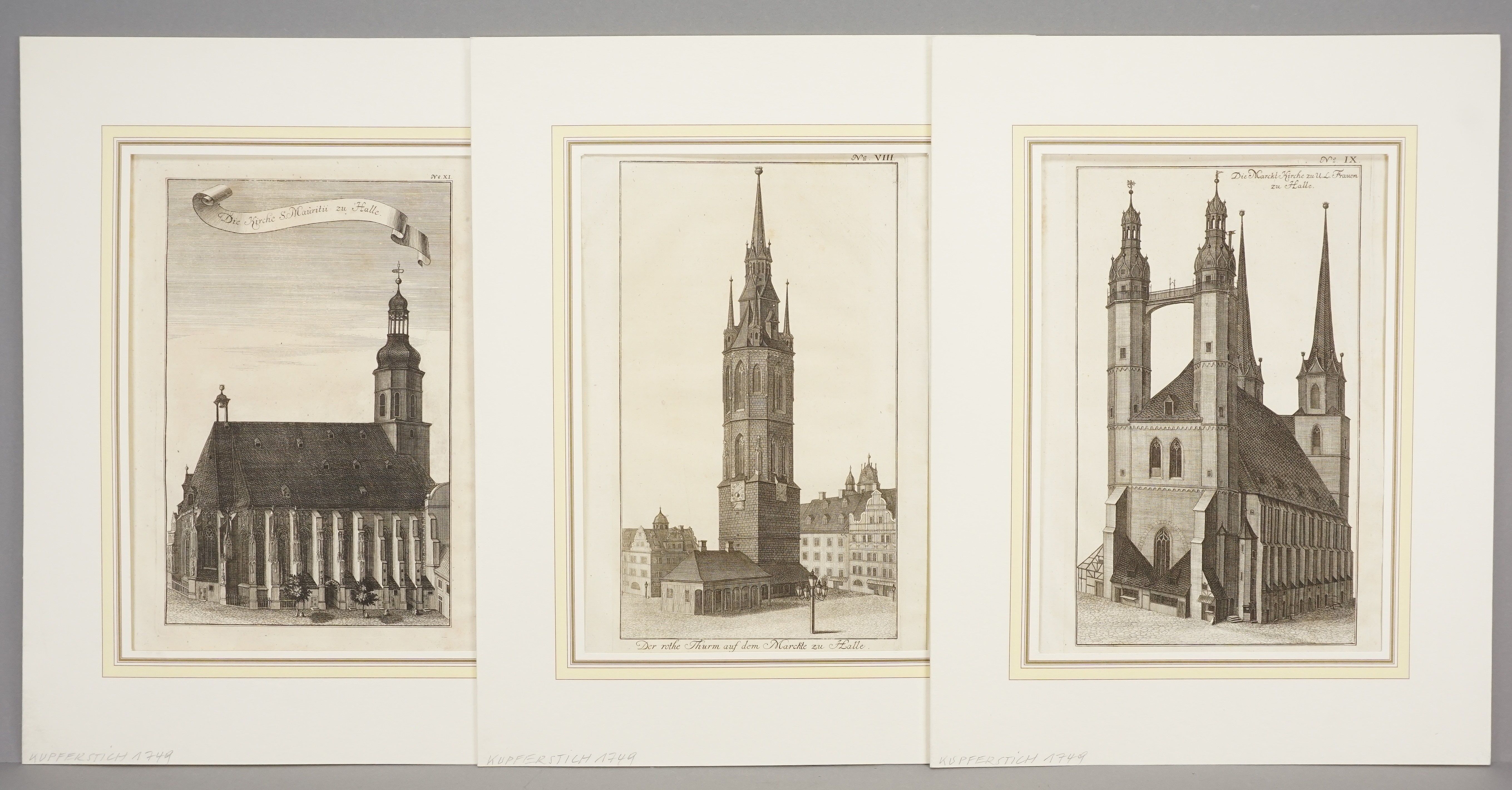 Artwork by Johann Gottfried Krügner, Three building in Halle/Saale, from the Dreyhaupt-chronicles, Made of copperplate engravings