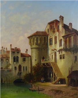 Houses on the river in southern alps region - Johann Baptist Kreitmayr