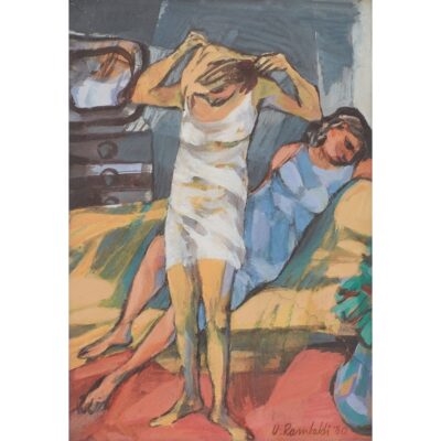 Artwork by Umberto Rambaldi, Scena d’ interno con figure femminili, Made of Oil on cardboard