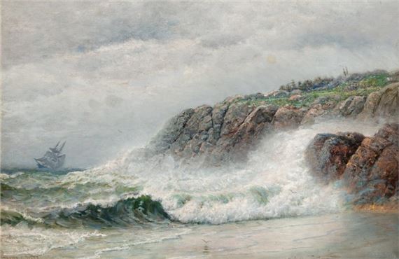 Rocky Coastal Scene with Crashing Waves by James Gale Tyler, 1903