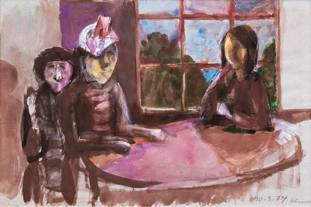 Artwork by Willem Grimm, At the table, Made of Watercolor and gouache over carbon pencil