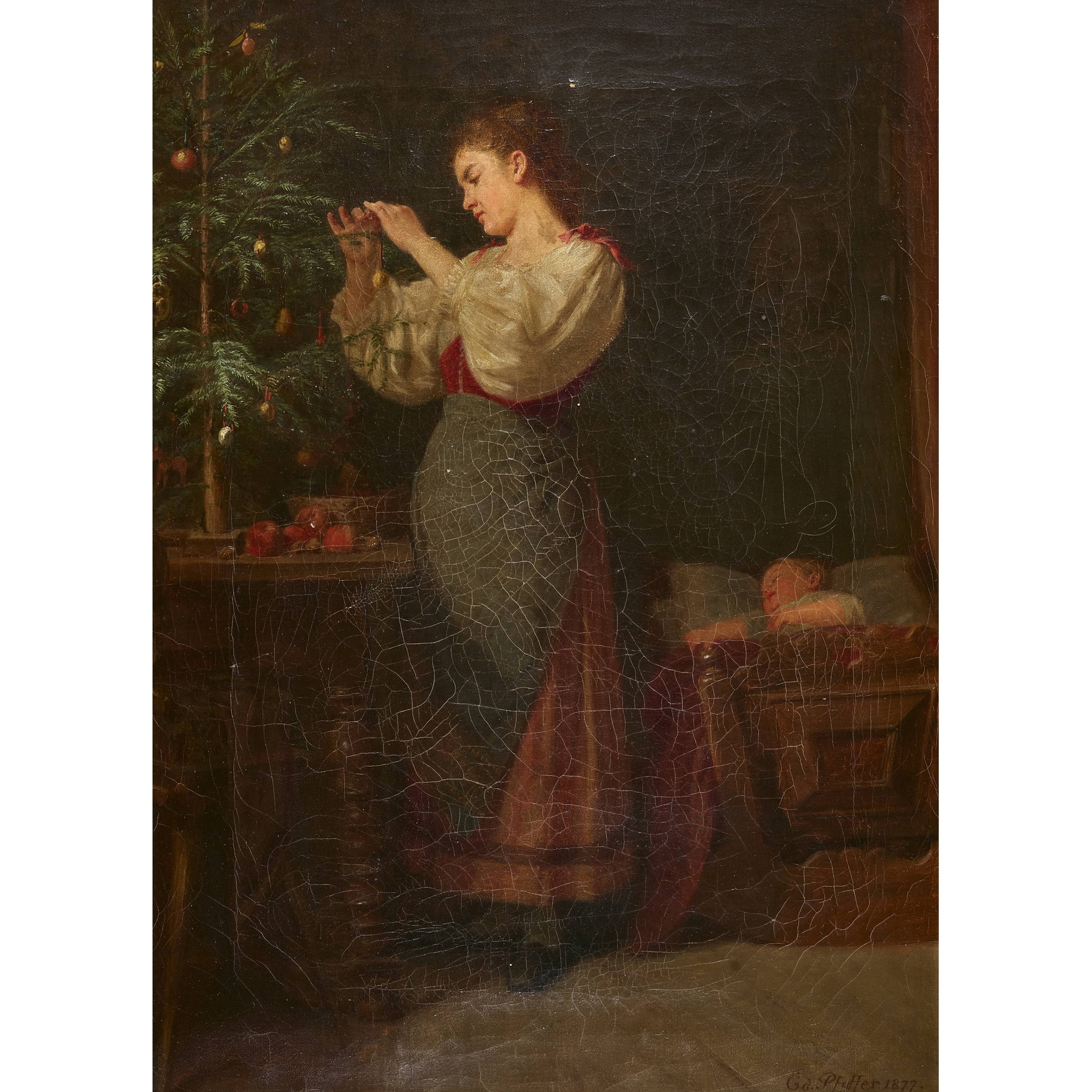 Mutter beim Schmücken des Weihnachtsbaumes - Eduard Pfyffer
