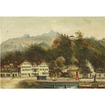 Uferpartie von Brienz mit Hotel de la Croix Blanche und Dampfschiff auf dem See - A. Ruegg