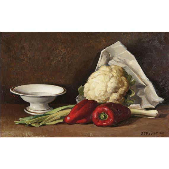 Stillleben mit Peperoni, Blumenkohl, Lauch und Presentoir by Steven Paul Robert, (19)40