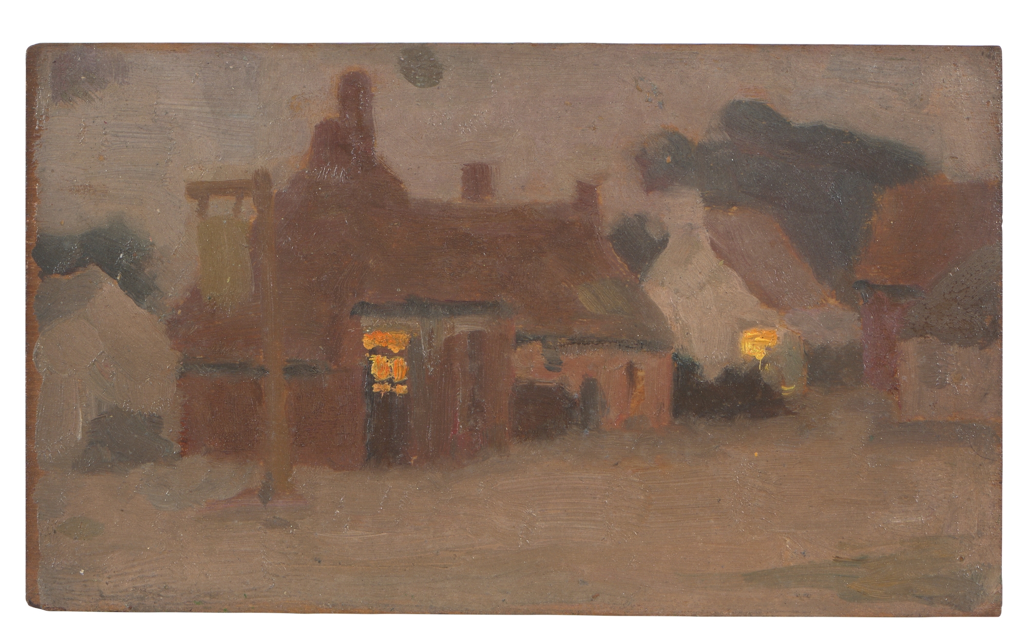 Artwork by E. Phillips Fox, Buildings at Dusk, Made of oil on panel
