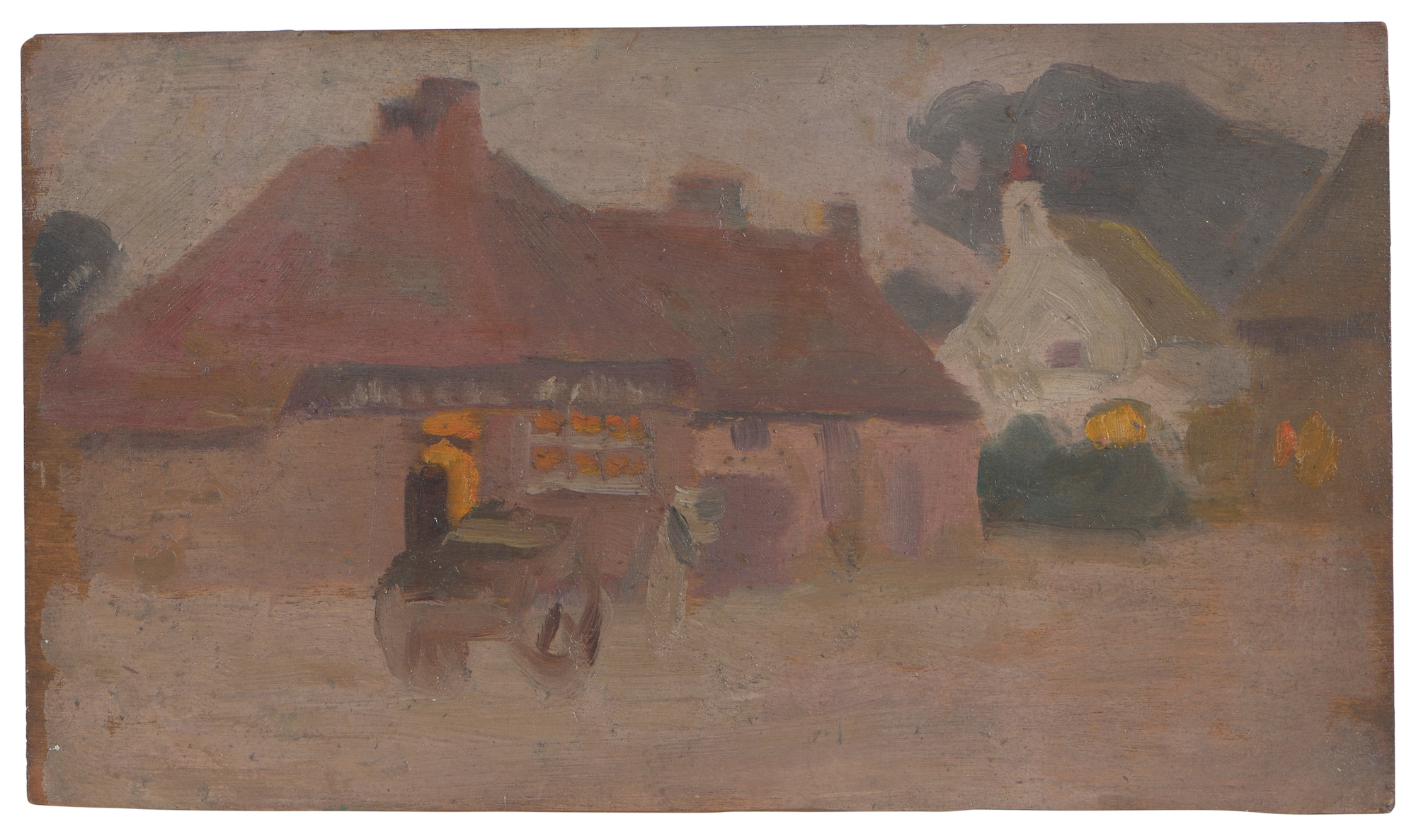 Artwork by E. Phillips Fox, Buildings at Dusk III, Made of oil on panel