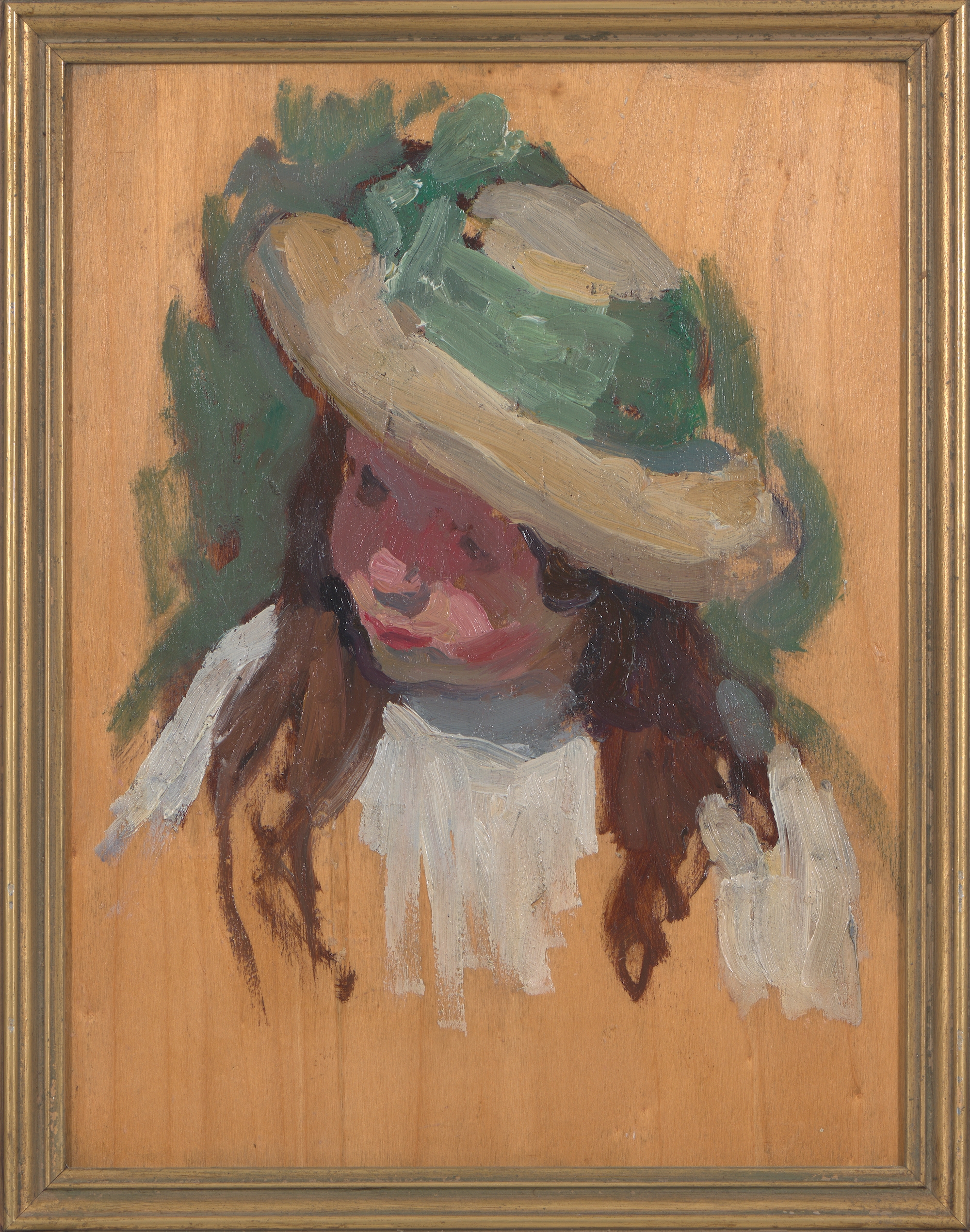 Artwork by E. Phillips Fox, Head and Shoulder Study of a Girl with Yellow Hat c. 1910-12, Made of oil on panel