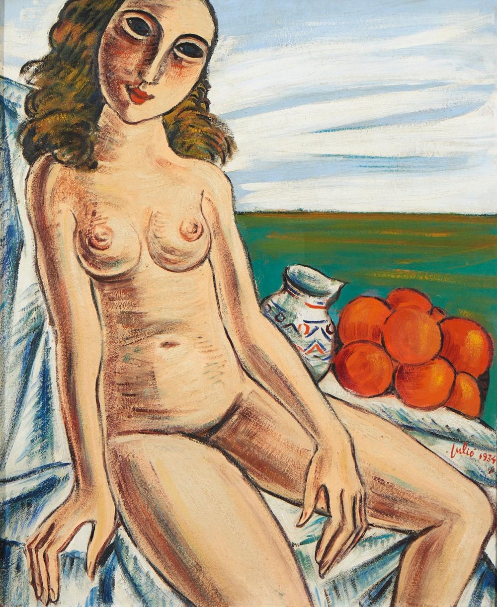 Female nude with oranges and jug by Júlio Reis Pereira, 1934