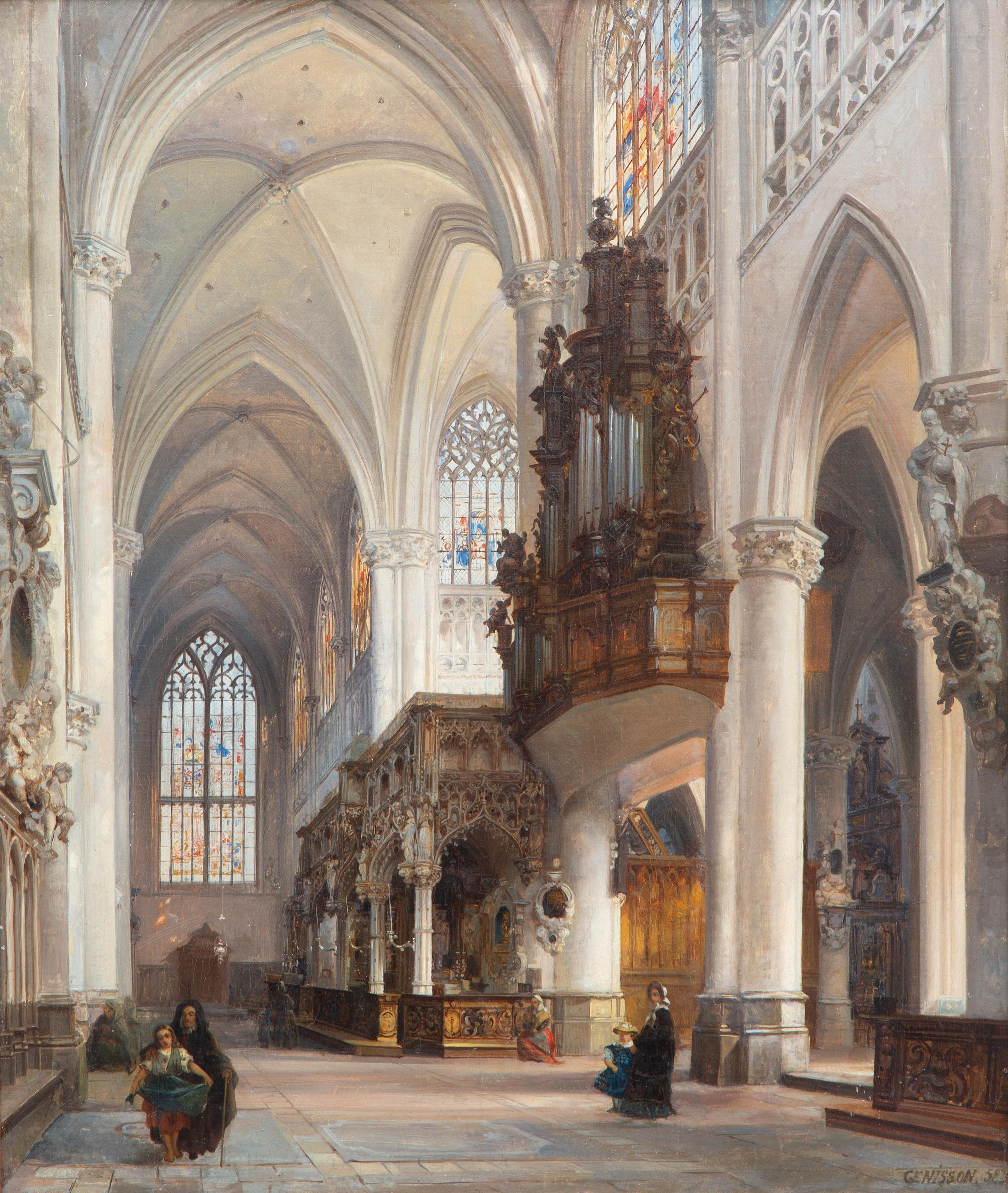 The interior of the St. Gummarus church of Lier, Belgium by Jules Victor Genisson, 1858
