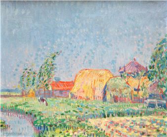 A landscape with a farm and haystacks Picture
