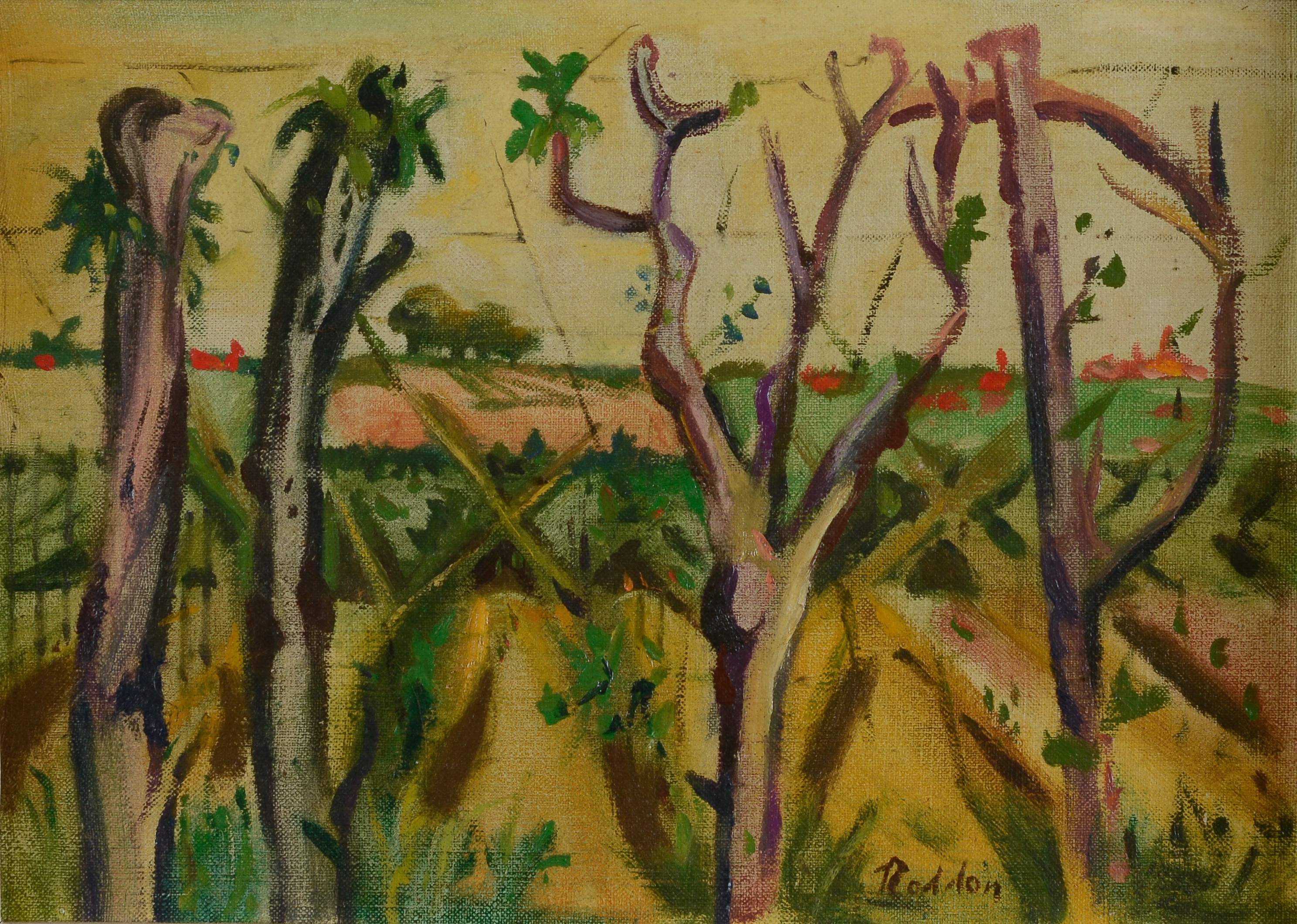 Artwork by Guy Roddon, Hop Garden and Lew Screen, Made of oil on canvas board