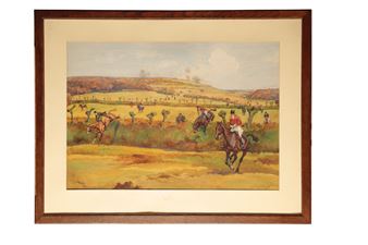 A hunt with horses and riders going over hedges; study of a French cross country horse race - Eugene Blocaille