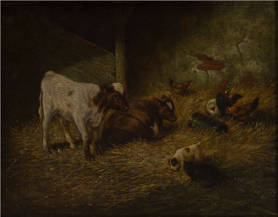 Two Barn Scenes with Calves by Continental School, 19th Century, 1871