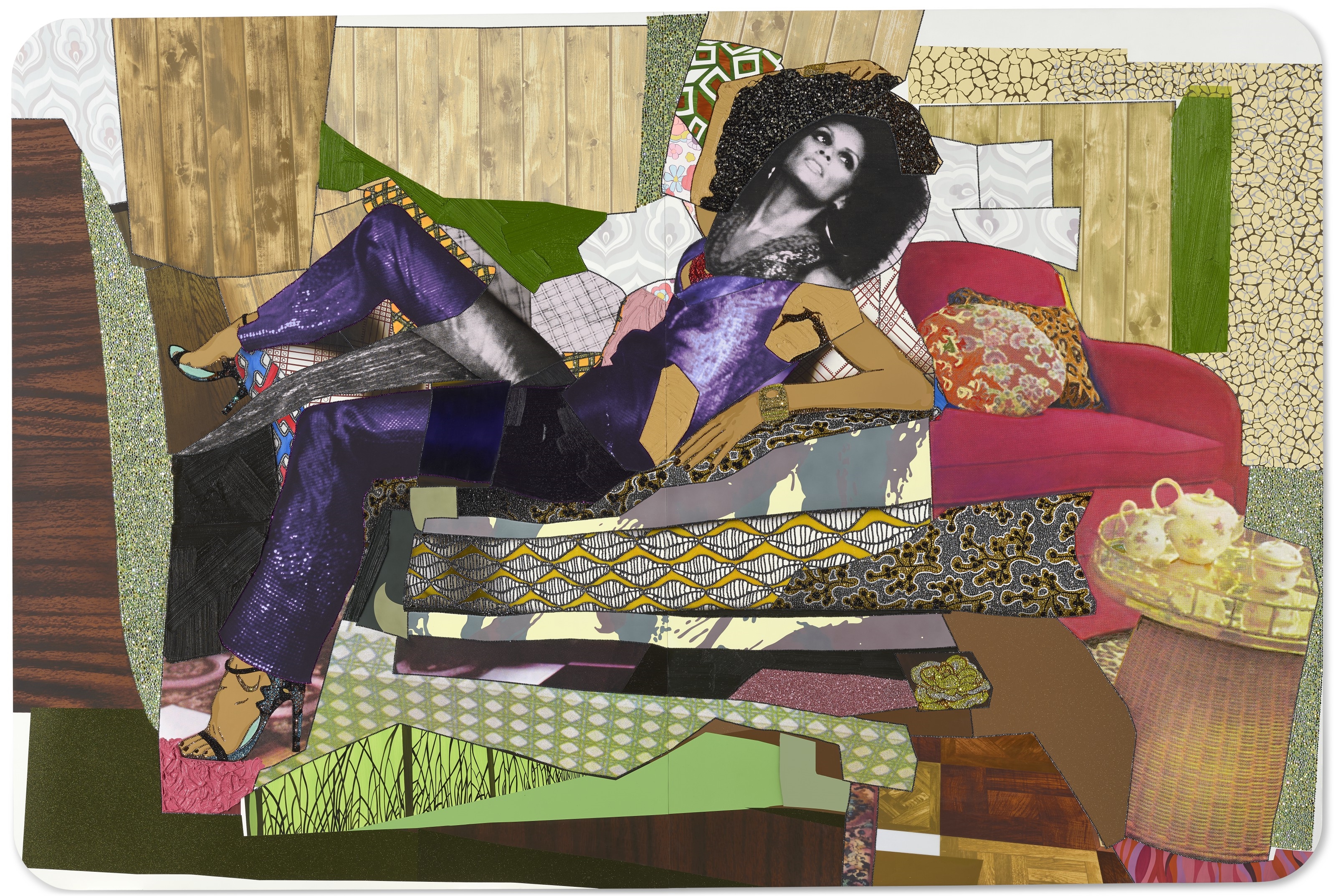 Artwork by Mickalene Thomas, Racquel Reclining Wearing Purple Jumpsuit, Made of oil, acrylic, silkscreen, rhinestones, faux pearls, glitter, graphite and flock on wood panel, in two parts
