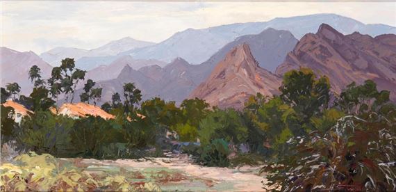 A landscape painting of a desert valley with distant mountains and foreground vegetation.