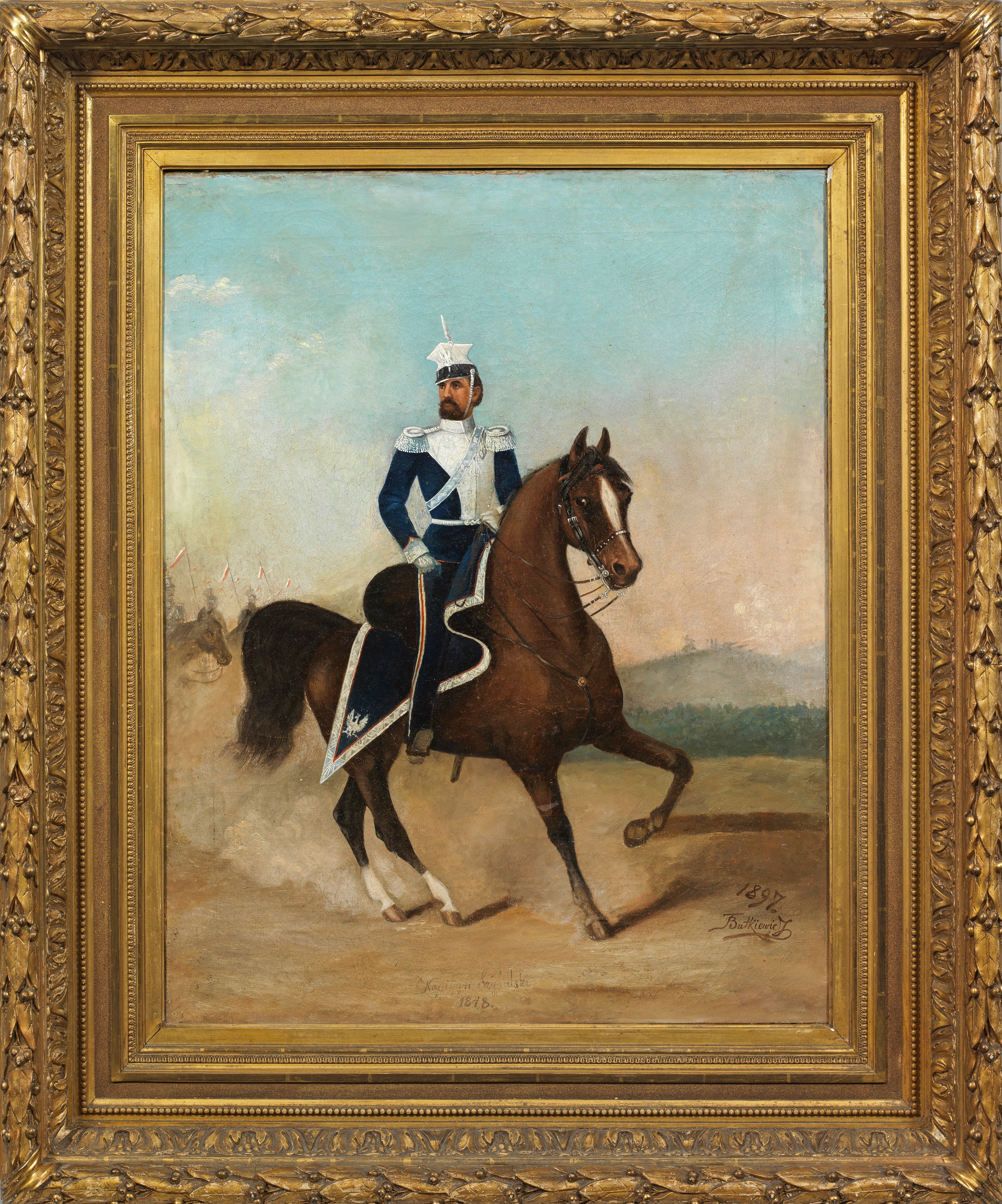 Artwork by Theodor Butkiewicz, Reiterporträt von Felicjan Szybalski als Leutnant des 2. Ulanen-Regiments, Made of oil on canvas