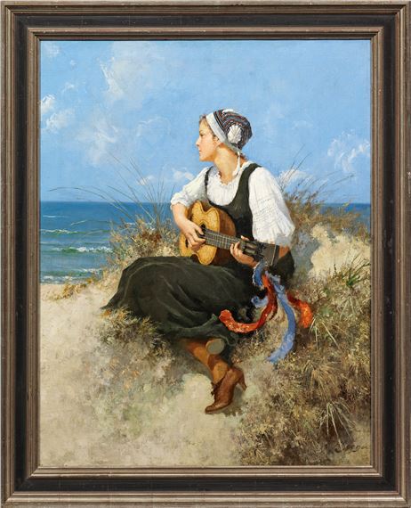Musizierendes Mädchen mit Gitarre in den Ostseedünen by Hermann Seeger