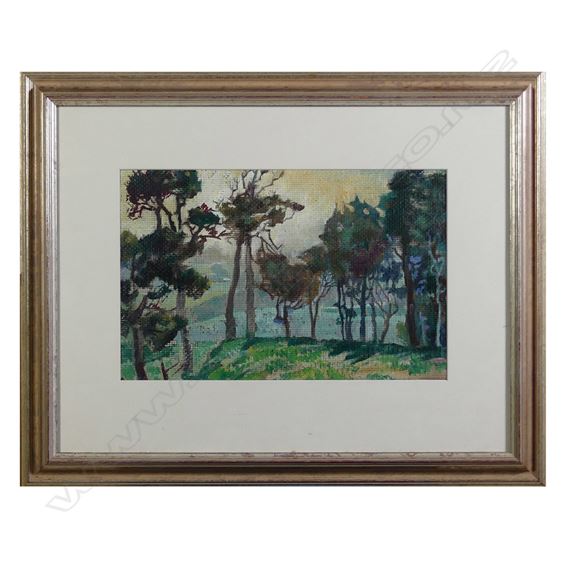 Coastal landscape through trees by Robert Nettleton Field, c.1960