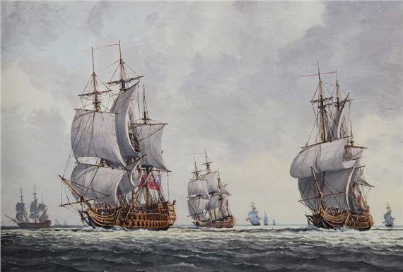 A maritime scene featuring multiple sailing ships navigating choppy waters under an overcast sky.