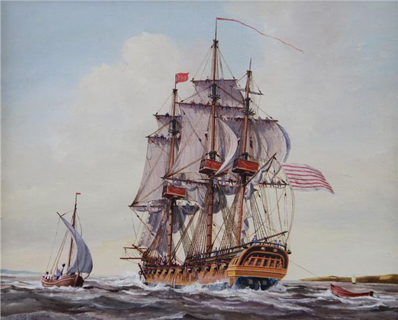 A maritime painting of a large sailing ship with an American flag, accompanied by smaller boats on a choppy sea.