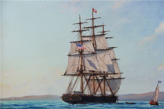 A grand sailing ship dominates the seascape with a smaller boat in the distance.