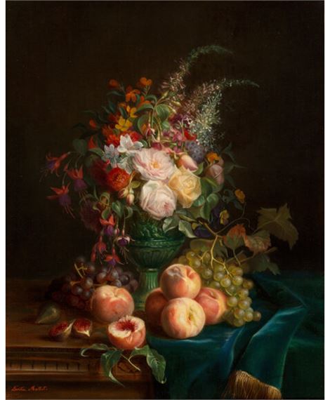 Still life with flowers and peaches by Aurélie Léontine Malbet