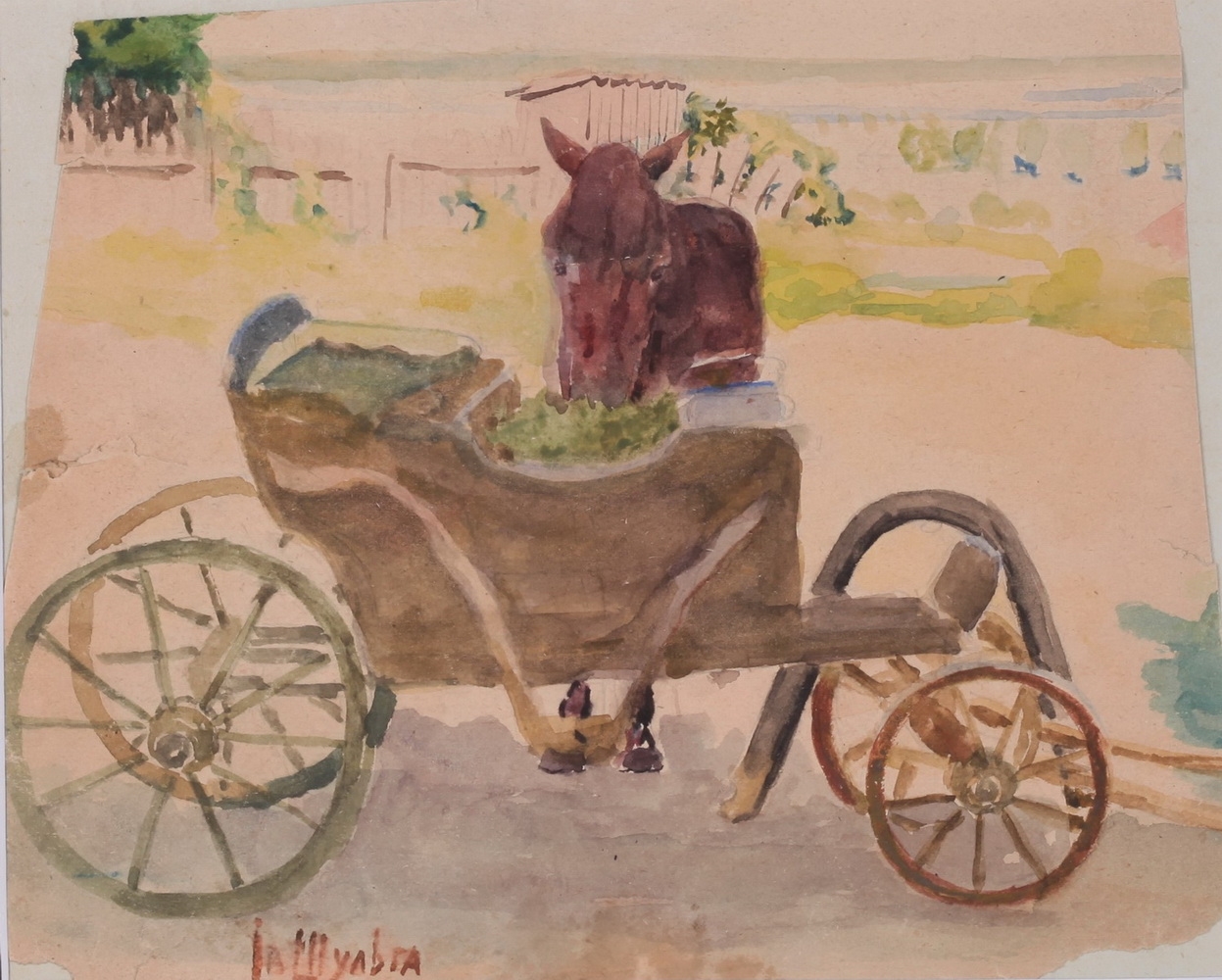 Artwork by Ivan Nikolaevich Shulga, A horse next to a wagon, Made of watercolor on paper, glued on cardboard