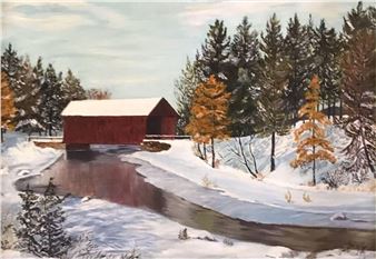 Snowy rural landscape with a red covered bridge - A. Schneider