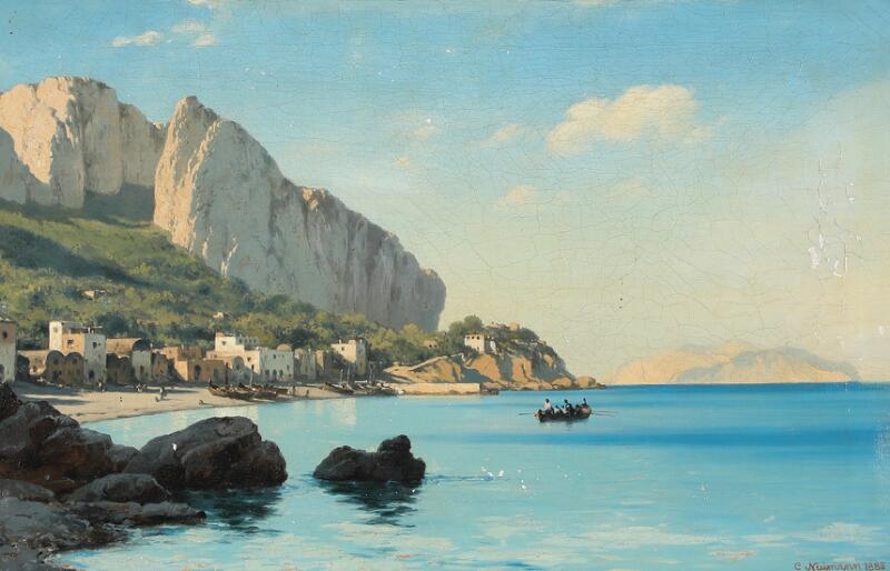Carl Neumann | Seascape with houses and mountains (1888) | MutualArt