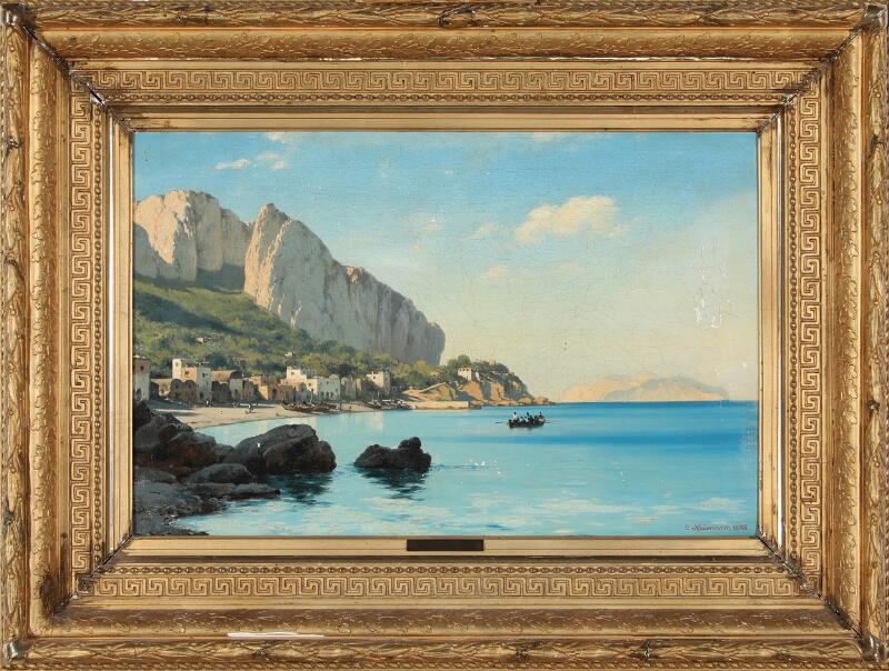 Carl Neumann | Seascape with houses and mountains (1888) | MutualArt