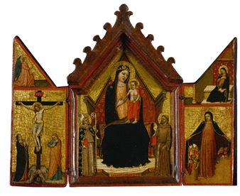 The Madonna and Child enthroned between Saints Louis of Toulouse and Francis (central panel); Crucifixion below the Angel of the Annunciation (left shutter); Madonna della Misericordia below the Virgin Annunciate (right shutter): a triptych - The Mezzana Master