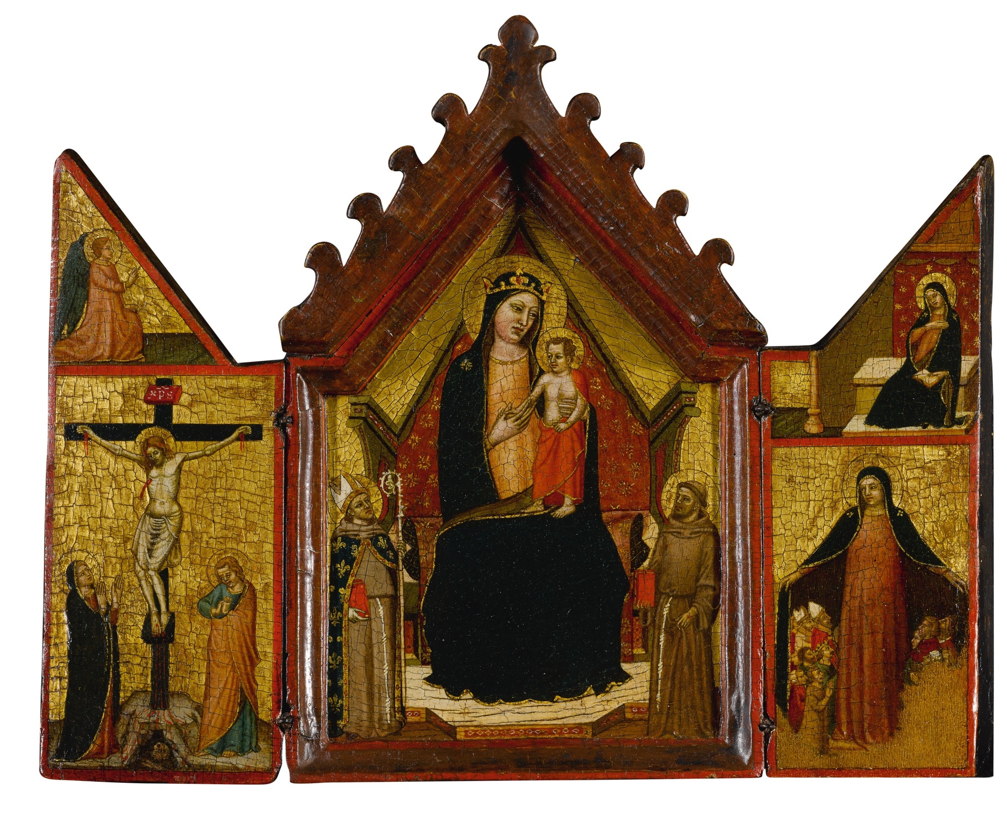 Artwork by The Mezzana Master, The Madonna and Child enthroned between Saints Louis of Toulouse and Francis (central panel); Crucifixion below the Angel of the Annunciation (left shutter); Madonna della Misericordia below the Virgin Annunciate (right shutter): a triptych, Made of oil on gold ground panel