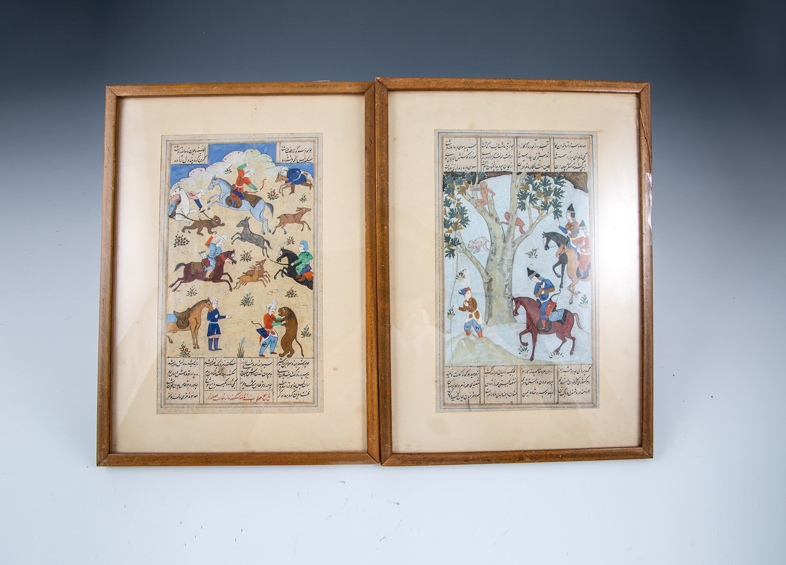 Two book pages with hunting scenes by Persian School, 19th Century