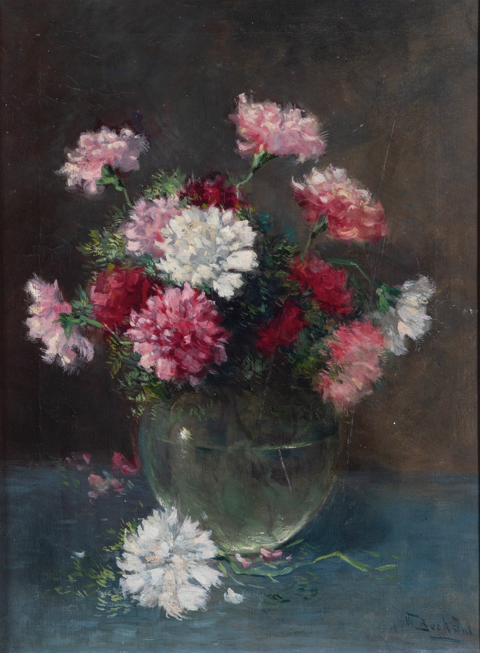 Artwork by Willem Frederik Boekstal, Carnation bouquet in glass vase, Made of Oil on canvas