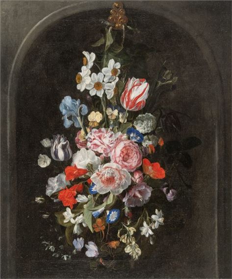 Bouquet of roses and tulips in a stone niche by Nicolaes van Veerendael, 1670