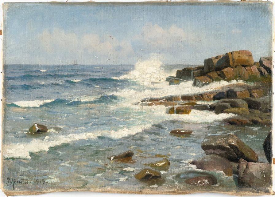 Artwork by Peder Mork Monsted, Coastal view near Bornholm, Made of oil on canvas