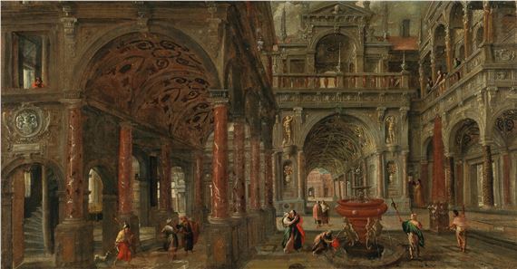 An architectural capriccio with a view of an imaginary classical palace and elegant figures by Paul Vredeman de Vries
