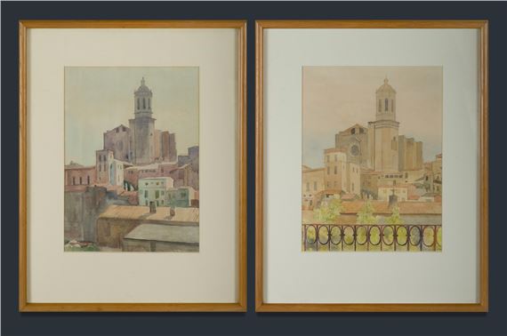 Gerona Cathedral, Early Morning,' & 'Gerona Cathedral, Noon by Douglas Robert Dundas, 1952 (2)