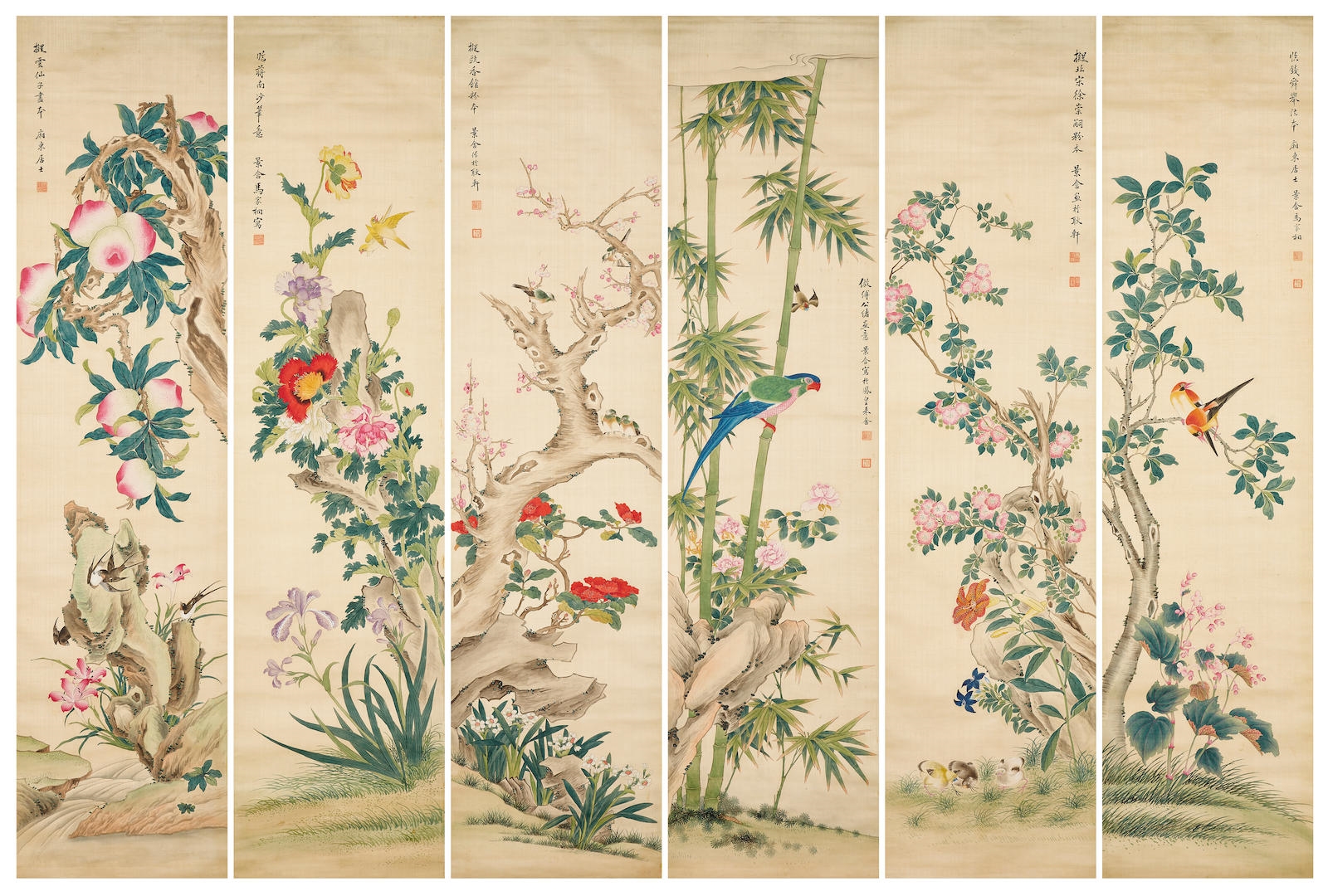 Artwork by Ma Jiatong, Flowers and Birds, Made of Ink and colour on silk, hanging scroll