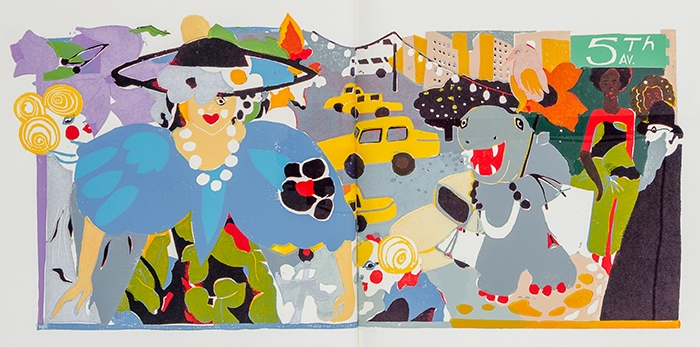 Artwork by Anke-sophie Mey, Ein Nilpferd in New York, Made of colored original linocut