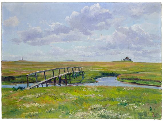 Hallig Langeneß mit alter Warft und Leuchtturm by Amelie Ruths, 1946
