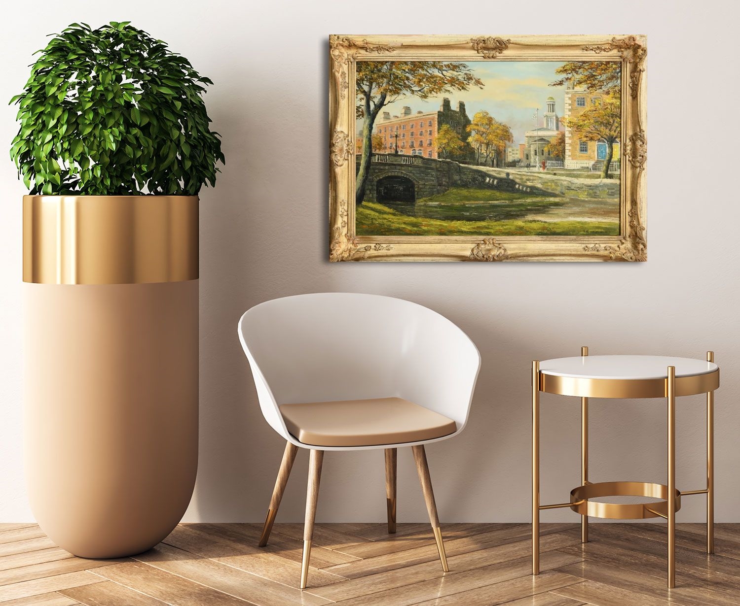 Artwork by Neville Henderson, Huband Bridge and St Stephens Church, Dublin, Made of oil on canvas