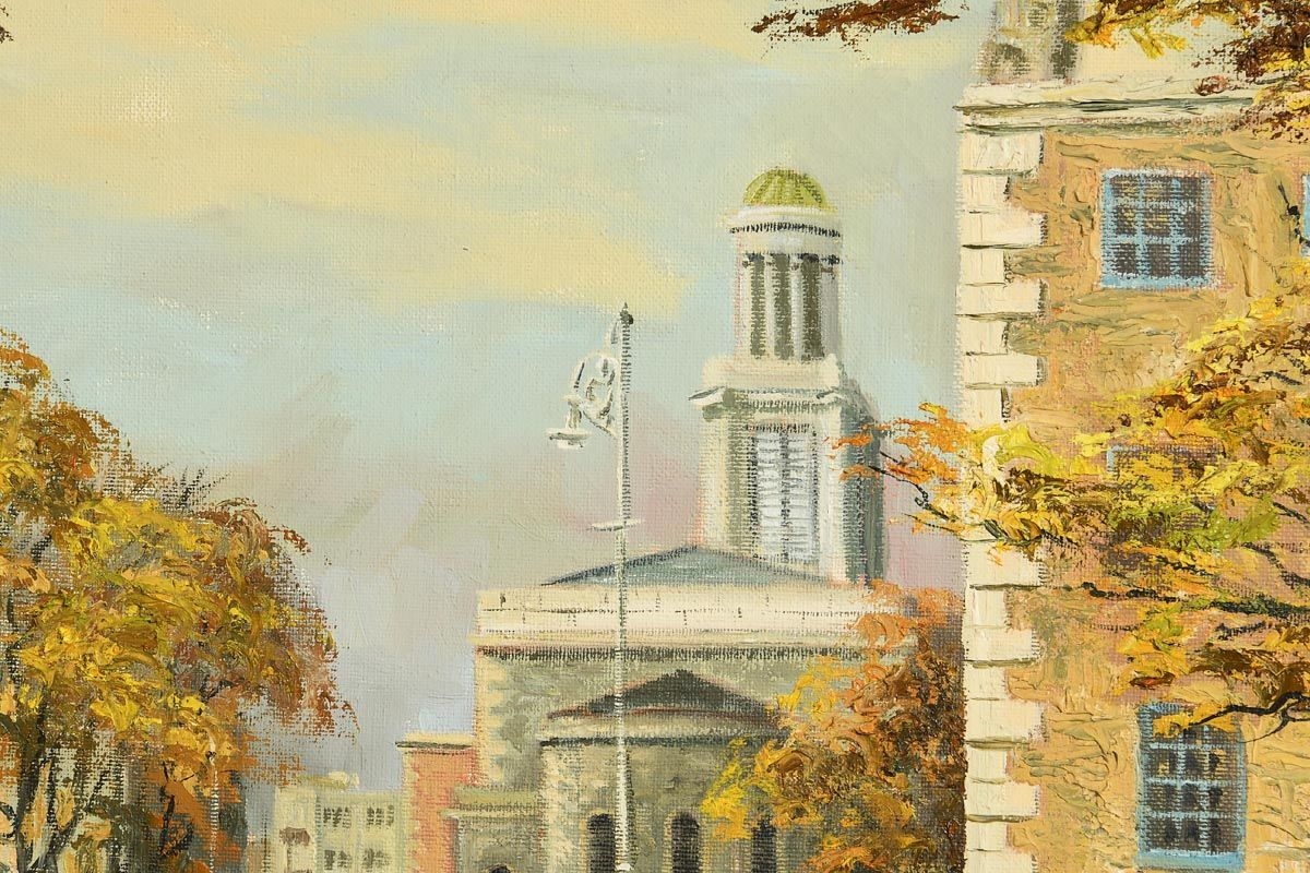 Artwork by Neville Henderson, Huband Bridge and St Stephens Church, Dublin, Made of oil on canvas