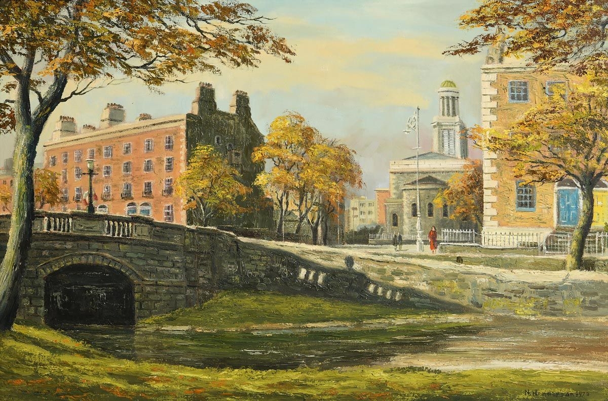 Artwork by Neville Henderson, Huband Bridge and St Stephens Church, Dublin, Made of oil on canvas