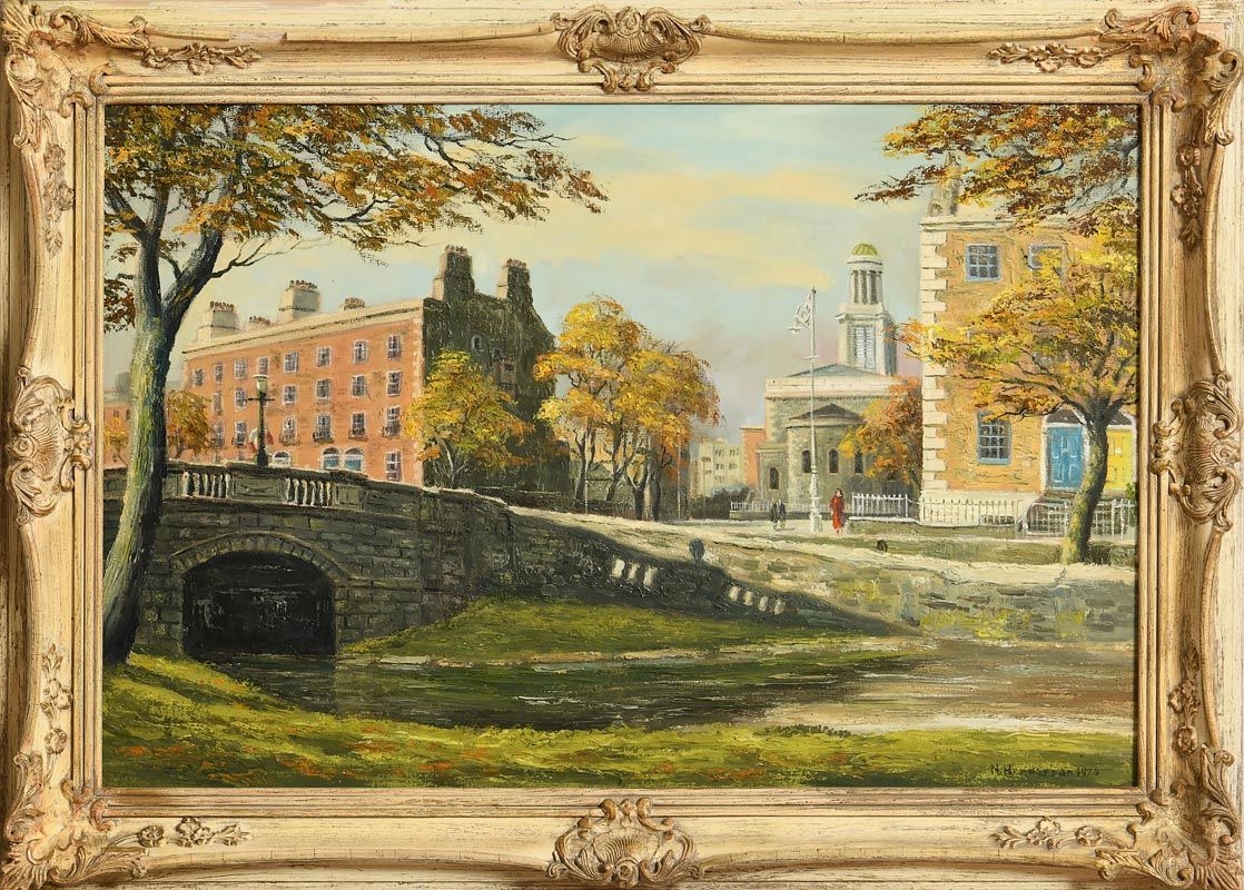 Artwork by Neville Henderson, Huband Bridge and St Stephens Church, Dublin, Made of oil on canvas